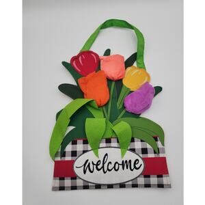 Spring Welcome Felt Door Hanger with  Black and White Check 3D Tulips 21 in long